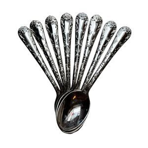 Set of 8 stainless Steel teaspoons Wm Rogers ornate pattern tea party supplies